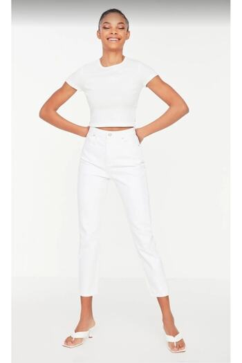 MAKRAS EXCLUSIVE 90s White High Waist Lycra Women's Mom Jeans Jeans