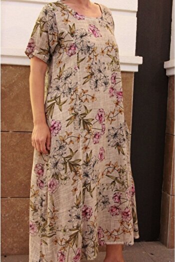 Bohemian Women's Cream Floral Patterned Loose Natural Cotton Woven Dress
