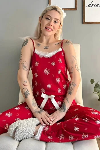 Pijamaevi Red Daisy Lace Rope Strap Knitted Women's Pajama Set