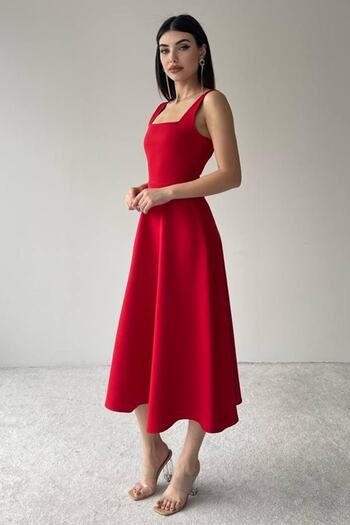 Secret Passion Lingerie Rochie roșie din țesătură Atlas, cu decolteu pătrat, lungime midi, evazată 151