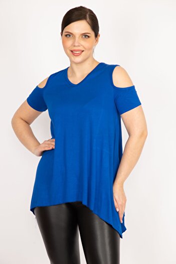 Şans Γυναικεία Saks Plus Size Shoulder Μπλούζα χαμηλής κοπής Asymmetric Cut Viscose 65n36089