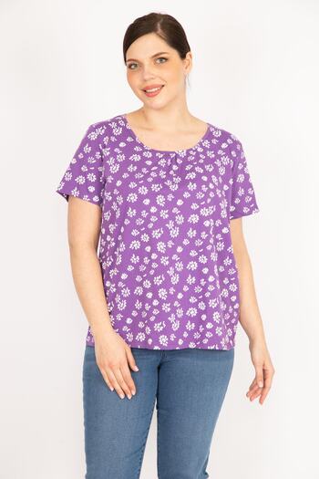 Şans Women's Lilac Large Size Cotton Fabric Short Sleeve Patterned Blouse 65n36062