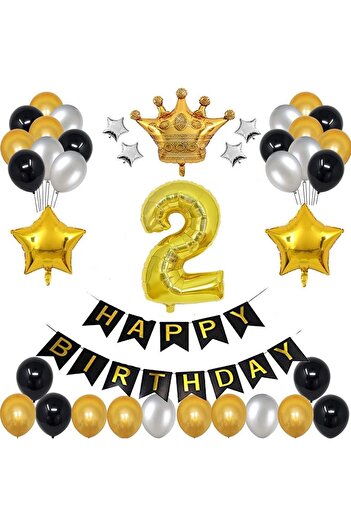 Patladı Gitti Large Size King Crowned Gold-silver-black 2 Year Old Birthday Set