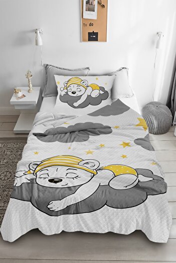 HOMESSA Cute Teddy Bear Patterned Single Pique (With Pillow Case)