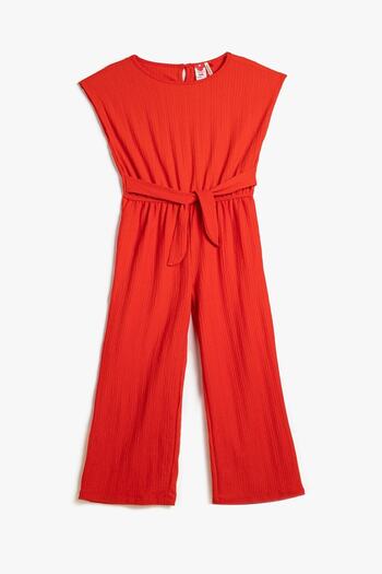 Koton Girl's Full Length Sleeveless Round Neck Belt Detailed Jumpsuit 3skg80060ak