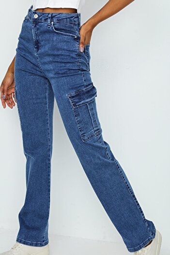 Select Moda Kadın Mavi Kargo Cepli Geniş Paça Jeans