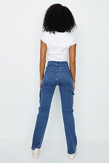 Select Moda Kadın Mavi Kargo Cepli Geniş Paça Jeans