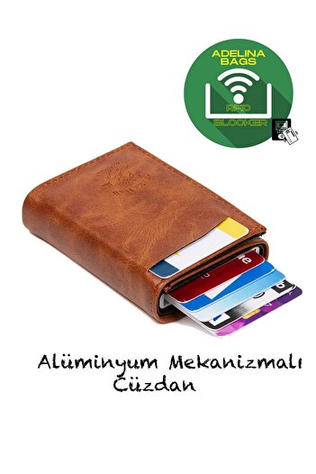 Newish Adelina Unisex Burnt Brown Crazy Leather Mechanism Automatic Slide Card Holder Wallet (7CMX10CM)