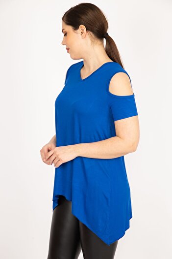 Şans Γυναικεία Saks Plus Size Shoulder Μπλούζα χαμηλής κοπής Asymmetric Cut Viscose 65n36089