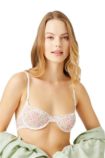 Cottonhill Cream Floral Patterned Adjustable Elastic Women's Bralette Bra