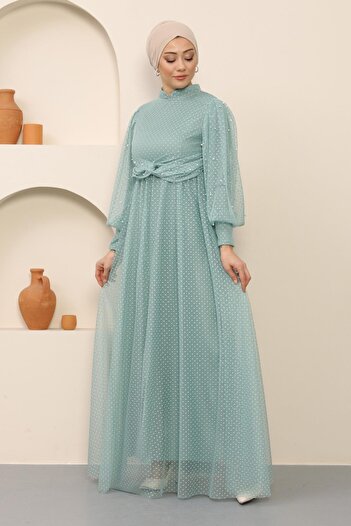 Modamihram Pearl Detailed Tulle Evening Dress Mint 12238