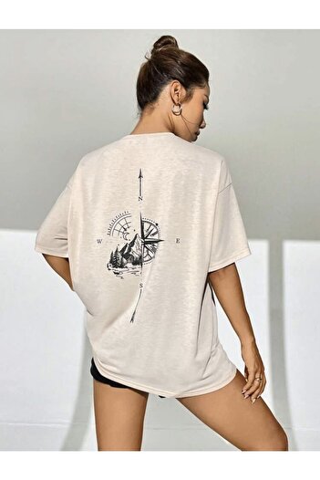BYMEER Μπλουζάκι Unisex Beige Compass Printed Cotton Crew Neck Oversize