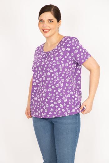 Şans Women's Lilac Large Size Cotton Fabric Short Sleeve Patterned Blouse 65n36062