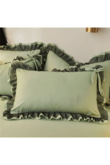 METİNEV Light And Dark Green Frilly Pillow Case Cotton Satin