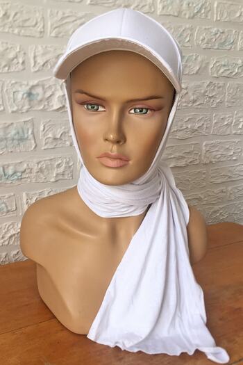 Vera Practical Combed Cotton Shawl with Ready Turban Bonnet Hat White