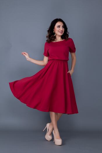 Bidoluelbise Rochie de damă bordeaux cu talie elastică, cu buzunare, mânecă liliac, lungime midi