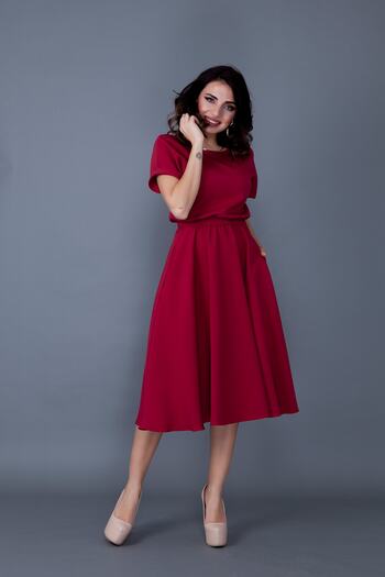 Bidoluelbise Rochie de damă bordeaux cu talie elastică, cu buzunare, mânecă liliac, lungime midi
