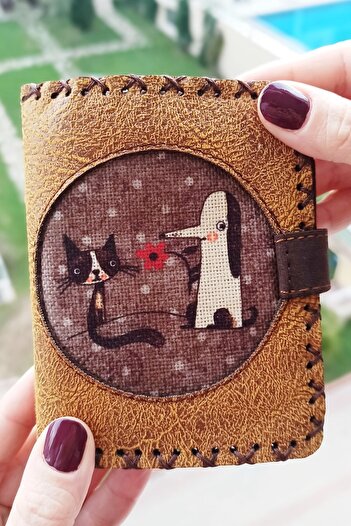 Fildişi Aksesuar Handmade Women's Wallet Vegan Leather Mustard Color with Cat Dog Image