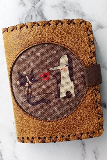 Fildişi Aksesuar Handmade Women's Wallet Vegan Leather Mustard Color with Cat Dog Image