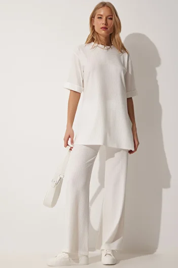 Happiness İstanbul Women's White Corded Stretch Knitted Top and Bottom Set KH00086