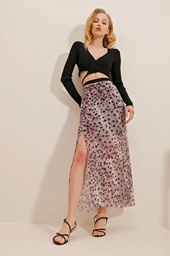 Trend Alaçatı Stili Női lila hasított bélelt mintás tüll sifon szoknya ALC-X10168