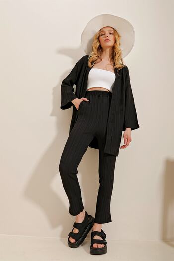 Trend Alaçatı Stili Dámská černá šálová bunda a kalhoty Palazzo Set ALC-X10146
