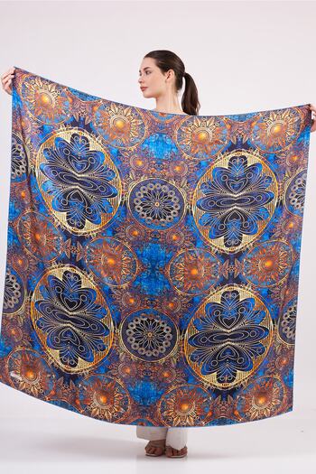 Nomads Felt 100% Silk Shawl Scarf| Mandala Pattern| 140 cm| Blue