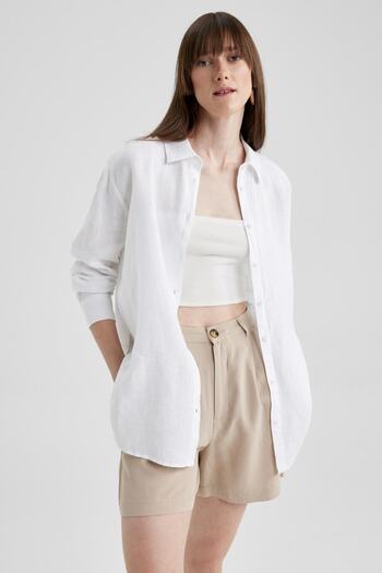 DeFacto Oversize Fit 100% Linen Long Sleeve Shirt