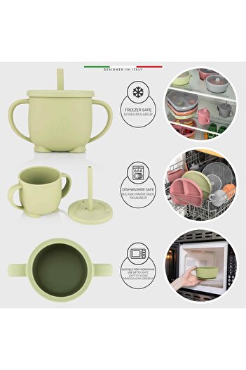 Elele 2in1 Silicone Baby Drinking Cup with Handle and Straw Green
