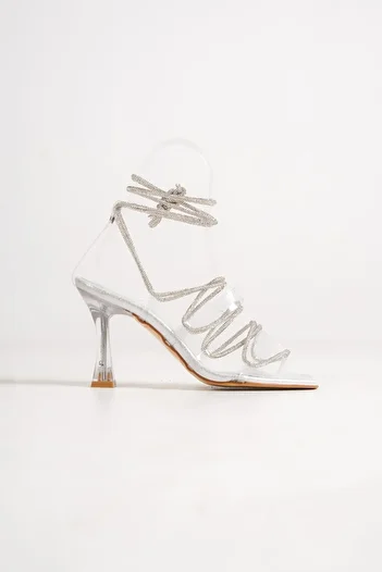Modabuymus Nunush Transparent Banded Silver Stoned Ankle Lace Heeled Evening Dress Shoes