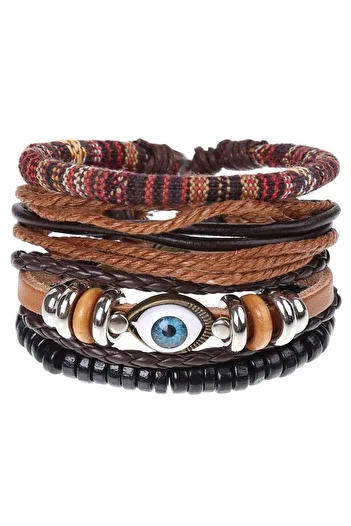 Tesbihane Multi-Layer Leather & Metal Alloy Combination Ethnic Design Eye Detailed Retro Men's Bracelet
