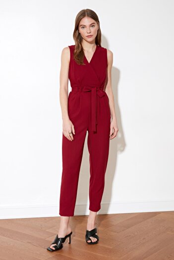 Trendyol Collection Burgundy Belt Detailed Double Breasted Collar Woven Jumpsuit TWOSS20TU0083