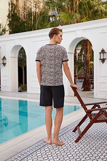 Doreanse Men's Black College Collar Printed Cotton Short Sleeve Shorts Pajama Set 4831