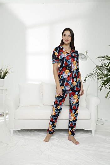 Siyah İnci Cotton Lycra Buttoned Pajama Set
