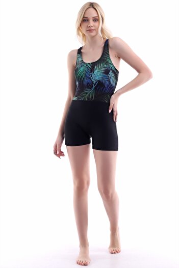 Aykum Mayo Women's Black Patterned Swimsuit with Shorts