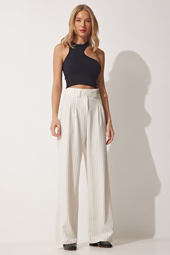 Happiness İstanbul Women's Light Cream Pleated Wide Leg Trousers GK00008