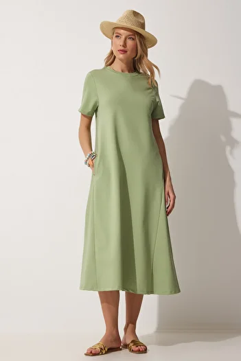 Happiness İstanbul Grünes A-Linien-Sommerkleid für Damen aus gekämmter Baumwolle UB00060