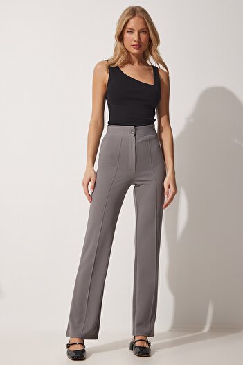 Happiness İstanbul Women's Gray High Waist Lycra Comfortable Knitted Trousers RV00090