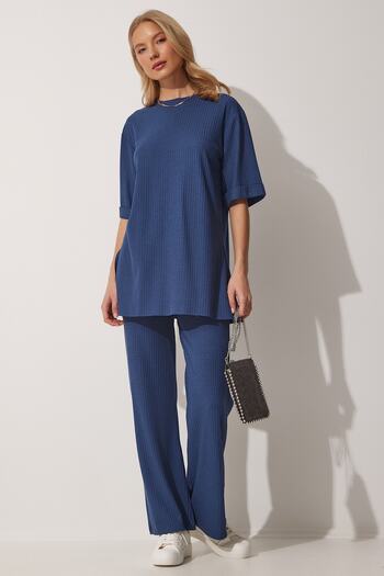 Happiness İstanbul Damen-Set aus geripptem, dehnbarem Strickoberteil und -unterteil in Indigoblau KH00086