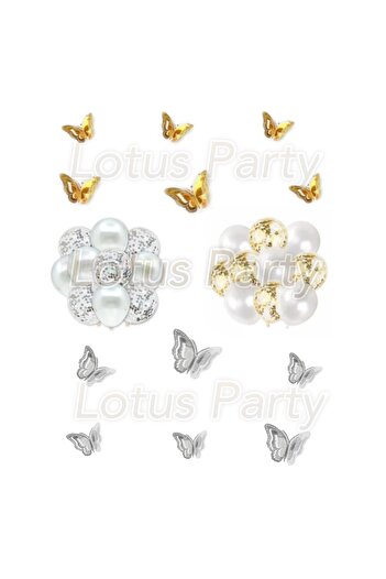 LOTUS PARTY مجموعة بالونات الحفلات تحت عنوان الفراشة - بالون أبيض شفاف بالون فضي و طوابع ذهبية - فراشة ذهبية وفضية