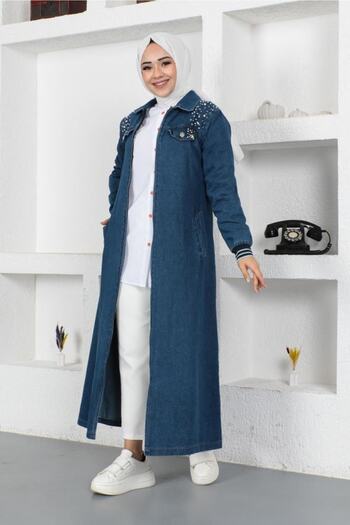 benguen 7808 Pearl Detailed Long Denim Cap Navy Blue