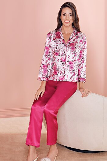 Espuar Women's 458 Buttoned High Quality Satin Pajamas Set
