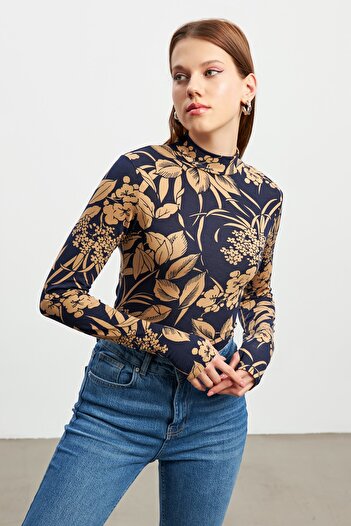 Bipantolon Women's Navy Blue Camel Leaf Patterned Finger Detail