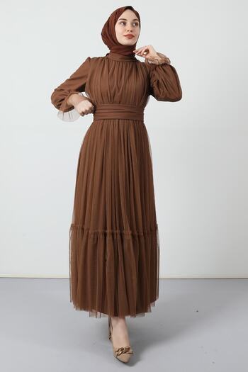 Giza Giyim Belted Ruffled Tulle Dress Caramel