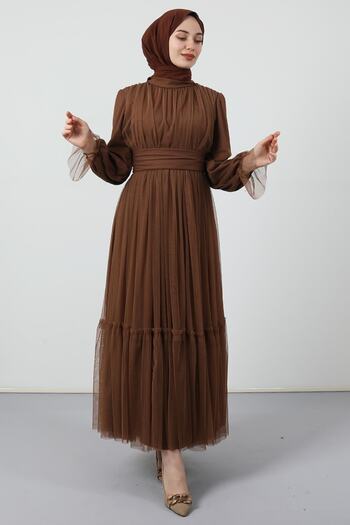 Giza Giyim Belted Ruffled Tulle Dress Caramel