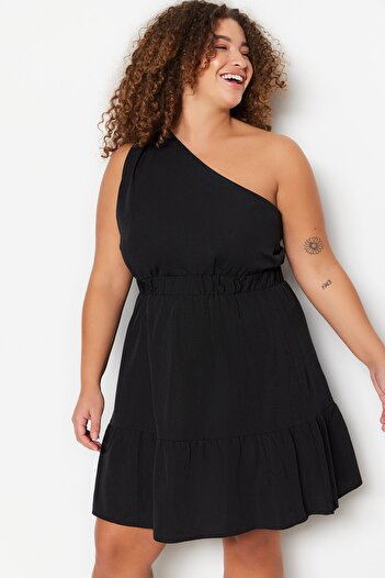 Trendyol Curve Μαύρο υφαντό φόρεμα μονό ώμο TBBSS23AH00165