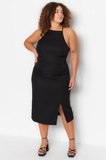 Trendyol Curve Black Back Detailed Woven Satin Dress TBBSS23AH00223