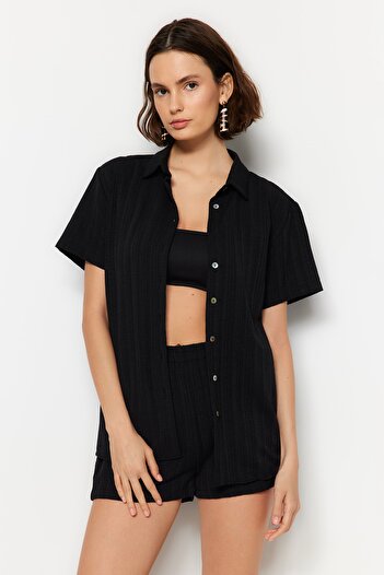 Trendyol Collection Black Woven Linen Blended Shirt Shorts Beach Suit Tbess23Au00054