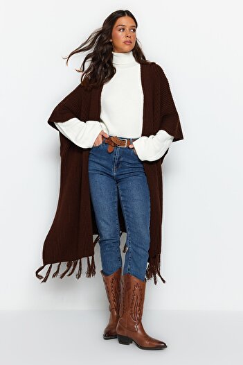 Trendyol Modest Καφέ φούστα με φούντα μακριά πλεκτά ζακέτα TCTAW23TH00008