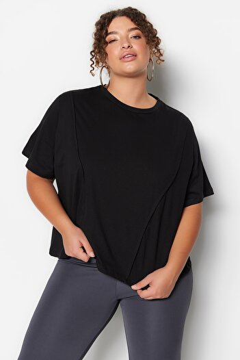 Trendyol Curve Crew Neck Black Crop T-Shirt - 100% Cotton, with Stitching Detail TBBSS23BF00037